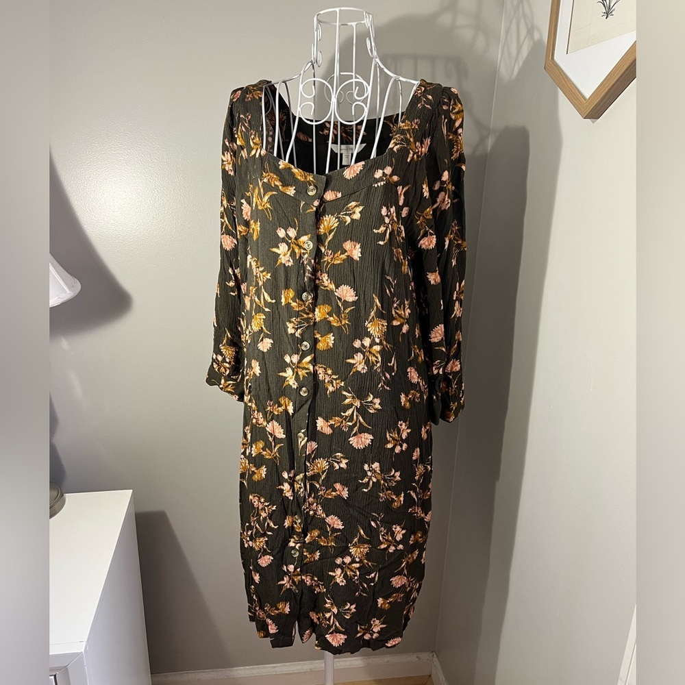 Garnet Hill Olive Green Floral Button Front Dress Size L Peasant Button Fall - Picture 2 of 4